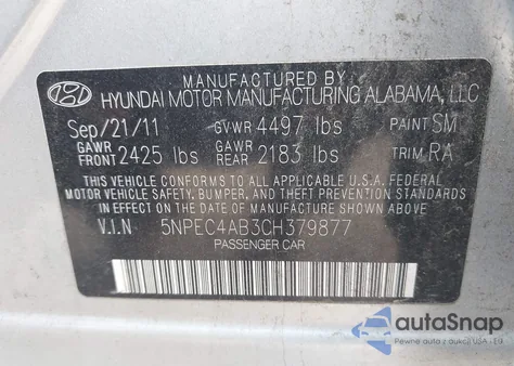 2012 Hyundai Sonata Limited 2.0T z USA, uszkodzony, nr VIN 5NPEC4AB3CH379877